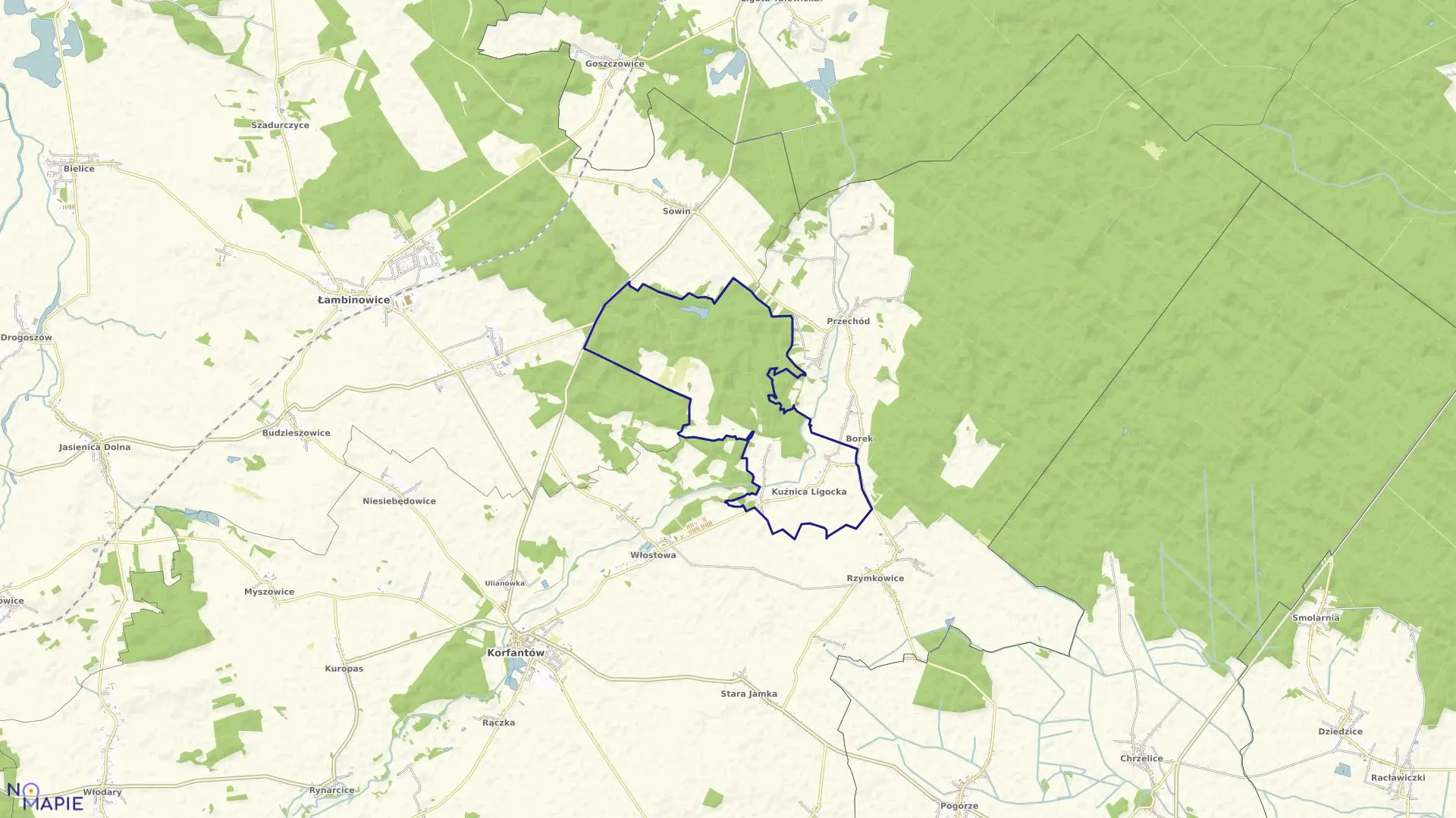 Mapa obrębu KUŹNICA LIGOCKA w gminie Korfantów